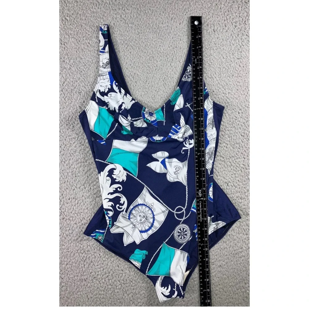 One Piece Swimsuit Women‎ 16 Navy Blue Baroque Print Nautical Coastal Vacation